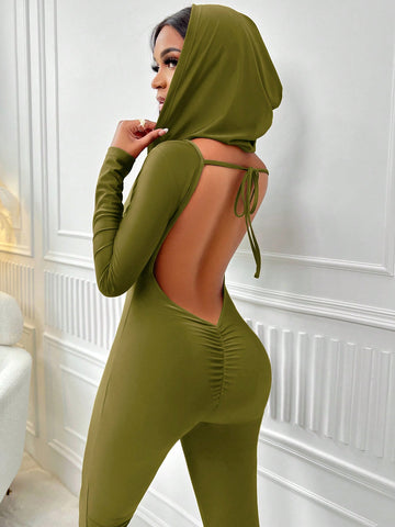 Women's Hooded Solid Color Bodycon Jumpsuit