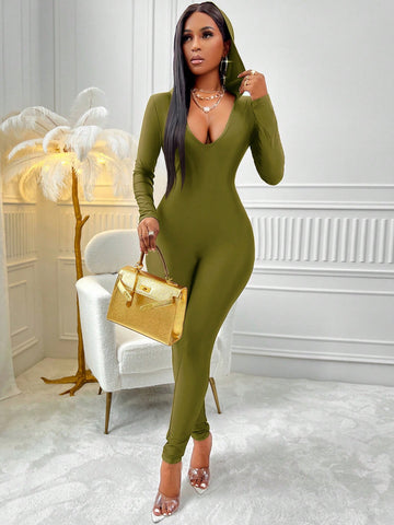 Women's Hooded Solid Color Bodycon Jumpsuit