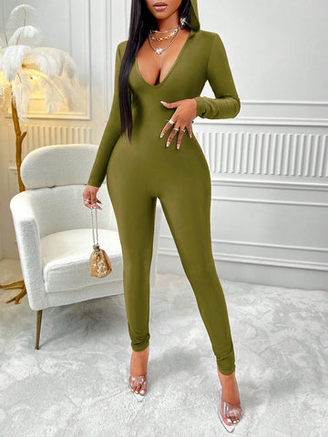 Women's Hooded Solid Color Bodycon Jumpsuit