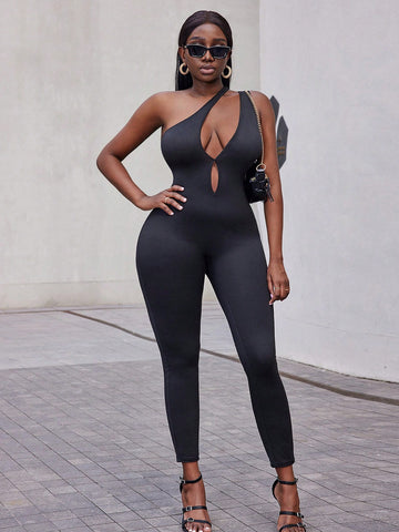 Women's Irregular Neckline Hollow Out Bodysuit Jumpsuit