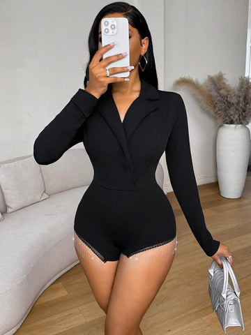 Women's Knitted Black Suit Jacket Fringe Embellished Romper