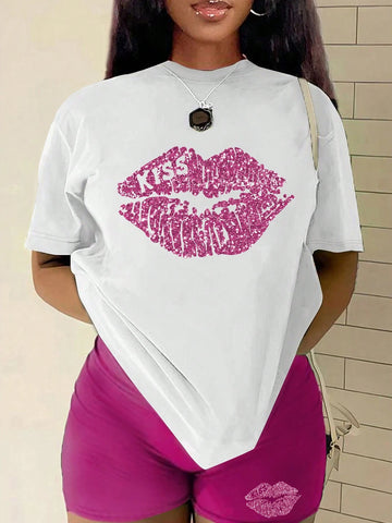 Women's Lip & Letter Print Short Sleeve T-Shirt And Shorts 2pcs Set