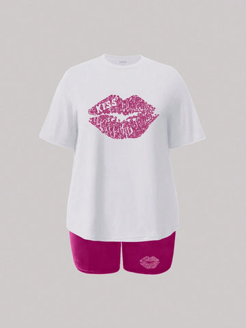 Women's Lip & Letter Print Short Sleeve T-Shirt And Shorts 2pcs Set