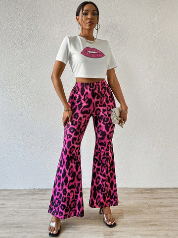 Women's Lips Printed Short Sleeve T-Shirt And Leopard Print Pants 2pcs/Set