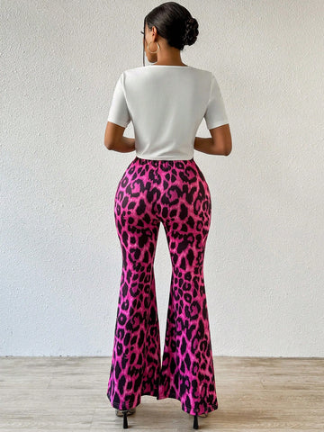 Women's Lips Printed Short Sleeve T-Shirt And Leopard Print Pants 2pcs/Set