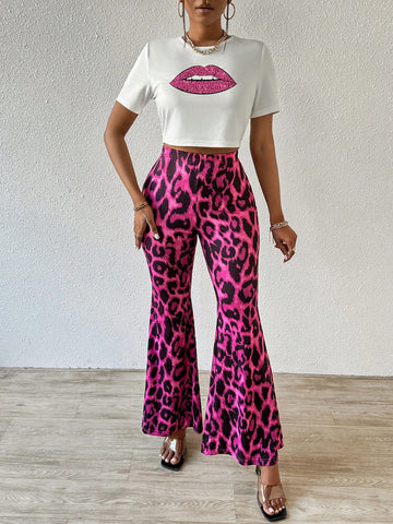 Women's Lips Printed Short Sleeve T-Shirt And Leopard Print Pants 2pcs/Set