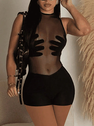 Women's Mesh Splice Sleeveless Bodycon Jumpsuit Shorts