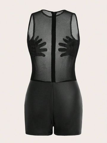 Women's Mesh Splice Sleeveless Bodycon Jumpsuit Shorts