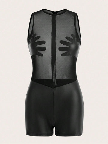 Women's Mesh Splice Sleeveless Bodycon Jumpsuit Shorts