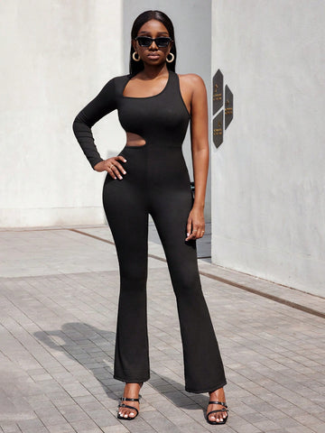 Women's Oblique Shoulder Black Jumpsuit With Cutout Design