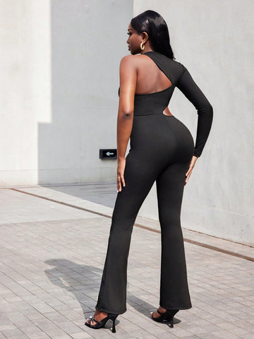 Women's Oblique Shoulder Black Jumpsuit With Cutout Design