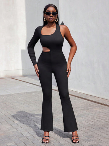 Women's Oblique Shoulder Black Jumpsuit With Cutout Design