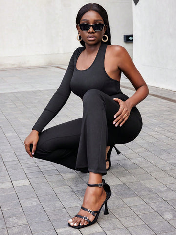 Women's Oblique Shoulder Black Jumpsuit With Cutout Design