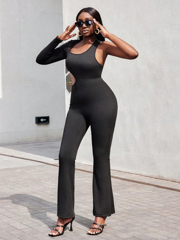 Women's Oblique Shoulder Black Jumpsuit With Cutout Design