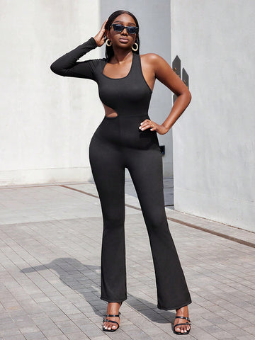 Women's Oblique Shoulder Black Jumpsuit With Cutout Design
