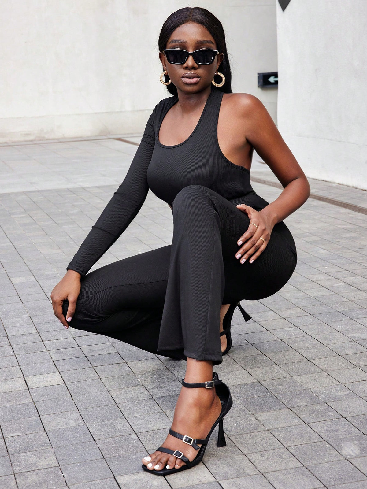 Women's Oblique Shoulder Black Jumpsuit With Cutout Design