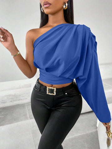 Slayr Women's One Shoulder Pleated Long Sleeve Blouse