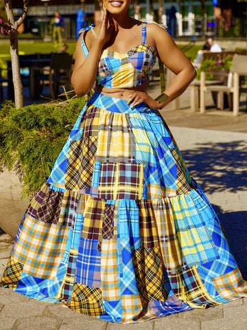 Women's Plaid Vacation Style Camisole Top And Ruffle Hem Skirt Set