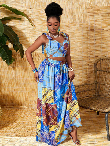 Women's Plaid Vacation Style Camisole Top And Ruffle Hem Skirt Set