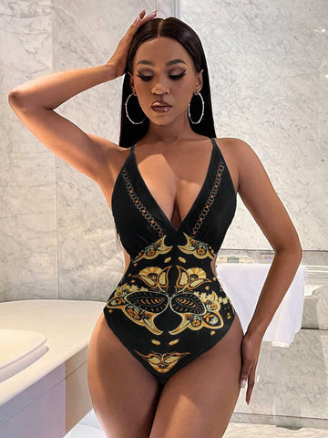 Women's Plant Printed Crisscross Backless Spaghetti Strap Bodysuit