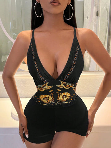 Women's Plant Printed Crisscross Backless Spaghetti Strap Bodysuit