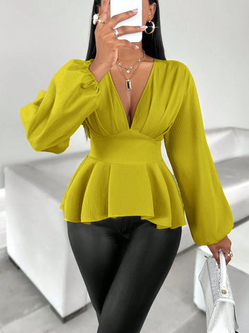 Slayr Women's Pleated Ruffle Hem Lantern Sleeve Blouse