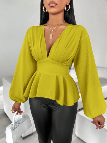 Slayr Women's Pleated Ruffle Hem Lantern Sleeve Blouse