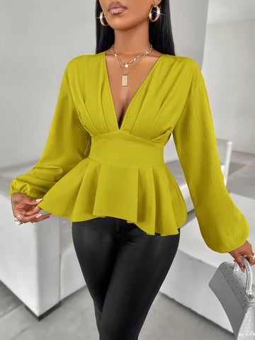 Slayr Women's Pleated Ruffle Hem Lantern Sleeve Blouse