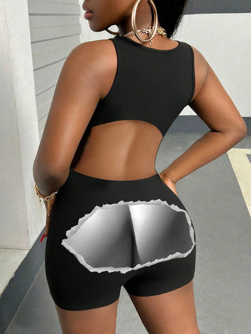 Women's Printed Backless Sleeveless Bodysuit With Cutout, Tight-Fitting Shorts