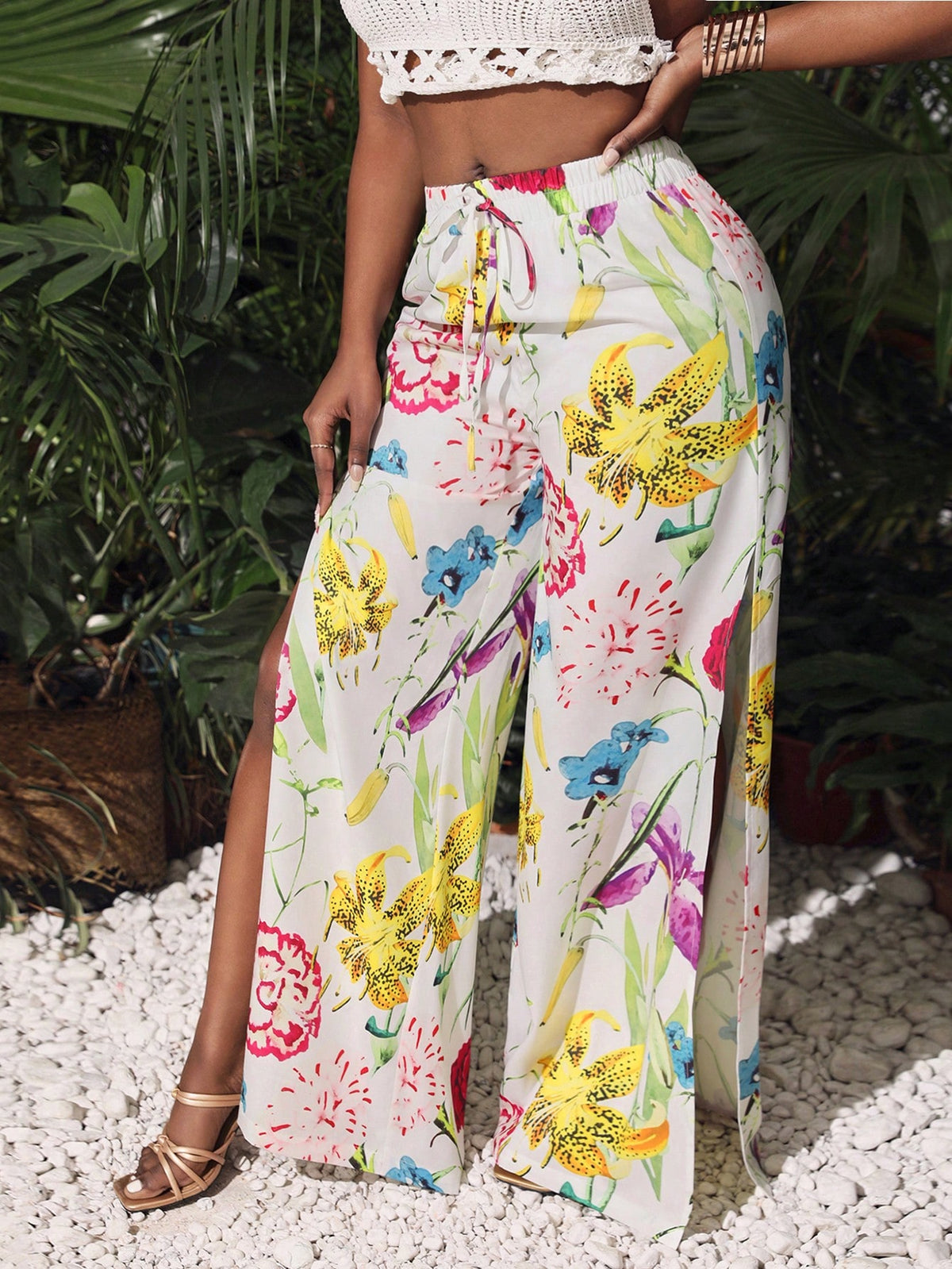 Slayr Women's Printed Floral Side Split Hem Wide Leg Pants