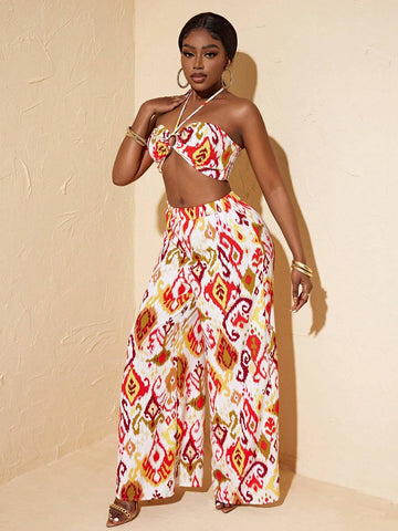 Women's Printed Halter Neck Vest And Pants Two-Piece Set