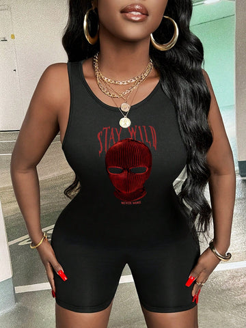 Women's Red Head Hoodie Printed Bodycon Romper, Spring/Summer
