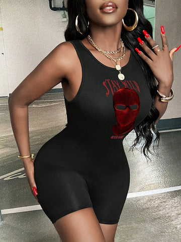 Women's Red Head Hoodie Printed Bodycon Romper, Spring/Summer
