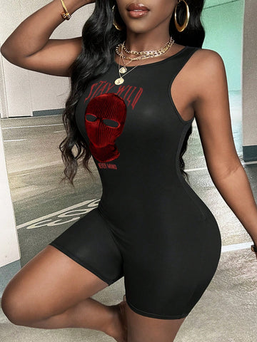 Women's Red Head Hoodie Printed Bodycon Romper, Spring/Summer