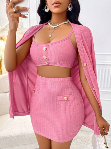 Women's Ribbed Cami Top & Button Front Coat & Button Front Flap Detail Skirt