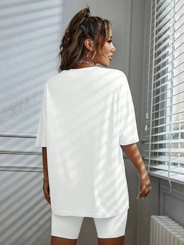 Women's Round Neck Solid Color Simple Summer Short Sleeve T-Shirt And Leggings Two-Piece Set