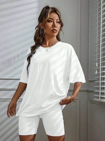 Women's Round Neck Solid Color Simple Summer Short Sleeve T-Shirt And Leggings Two-Piece Set