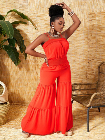 Women's Shirred Waist Wrap Vacation Cami Jumpsuit