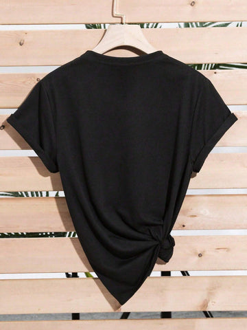 Slayr Women's Short-Sleeved T-Shirt With Printed Slogan And Heart Crew Neck Top