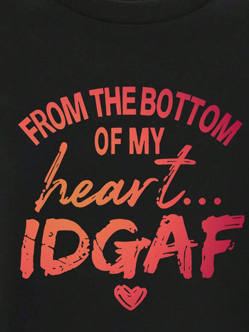 Slayr Women's Short-Sleeved T-Shirt With Printed Slogan And Heart Crew Neck Top