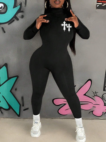 Women's Simple Casual Turtleneck Long Sleeve Cross Pattern Jumpsuit, Spring Autumn