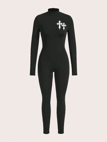 Women's Simple Casual Turtleneck Long Sleeve Cross Pattern Jumpsuit, Spring Autumn