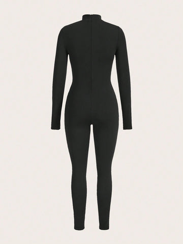 Women's Simple Casual Turtleneck Long Sleeve Cross Pattern Jumpsuit, Spring Autumn