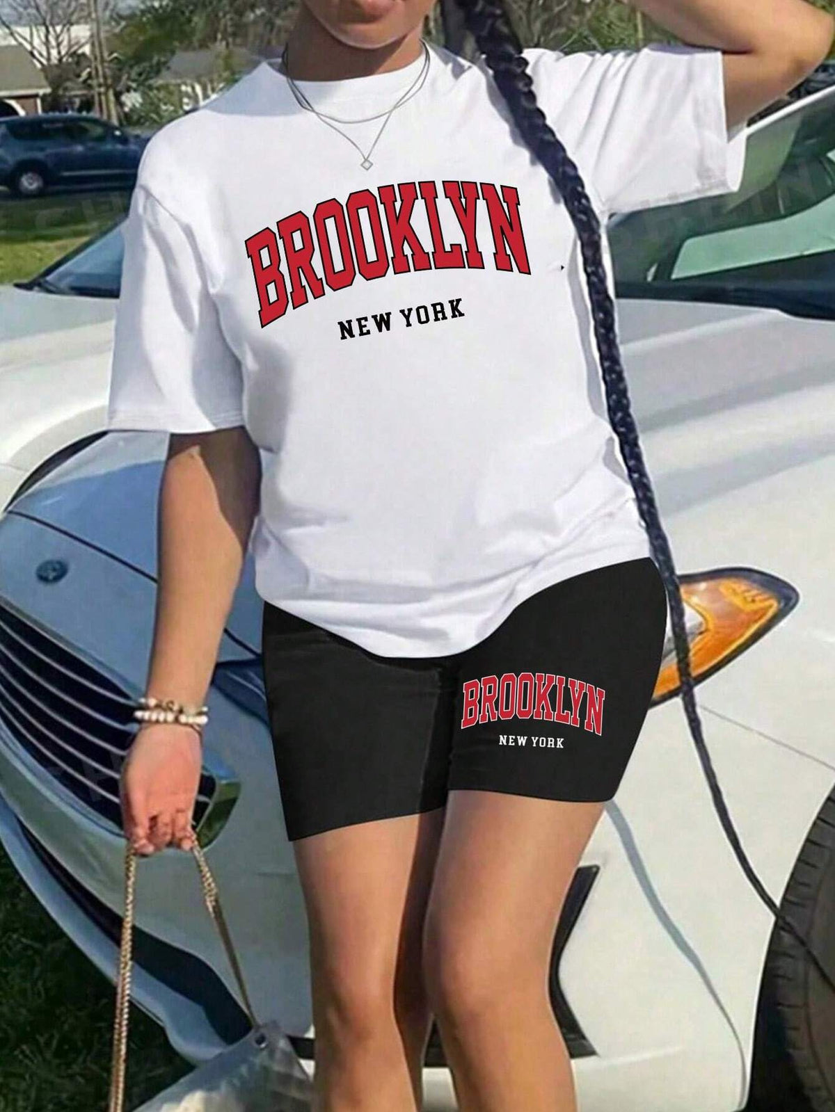 Women's Simple Letter Printed Round Neck Short Sleeve T-Shirt And Shorts Set