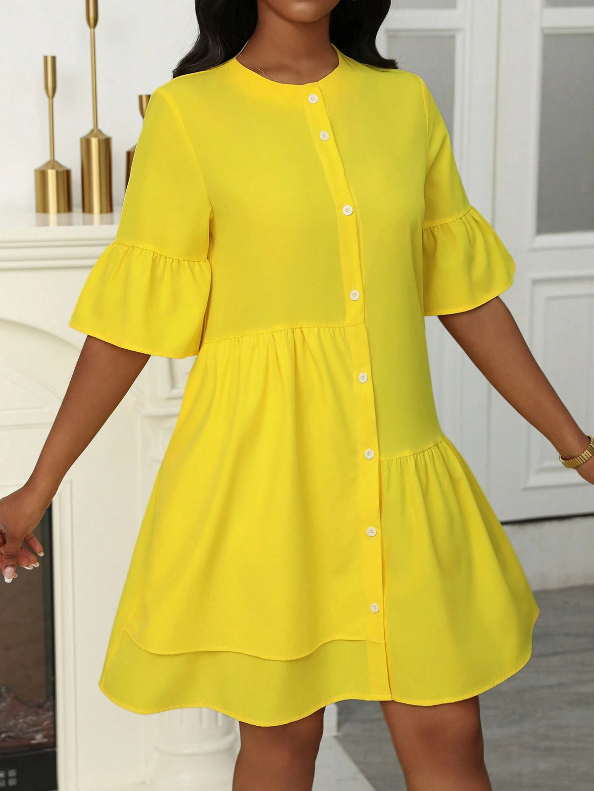 Women's Simplistic French Style Solid Color Button Front Long Sleeve Pleated Casual Dress