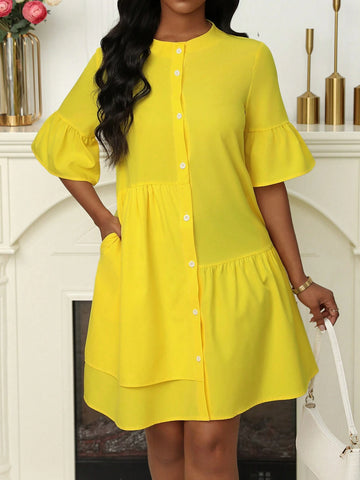 Women's Simplistic French Style Solid Color Button Front Long Sleeve Pleated Casual Dress