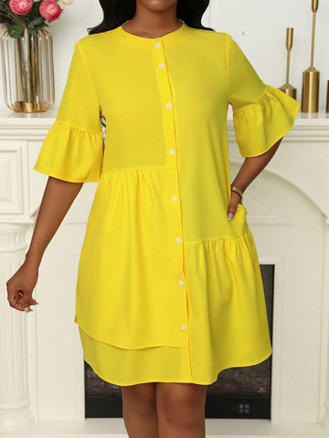 Women's Simplistic French Style Solid Color Button Front Long Sleeve Pleated Casual Dress