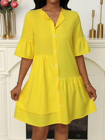 Women's Simplistic French Style Solid Color Button Front Long Sleeve Pleated Casual Dress