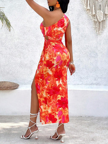 Women's Single-Shoulder Sleeveless Floral Print High Side Split Maxi Dress