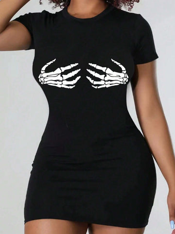 Women's Skeleton Hand Print Bodycon Dress